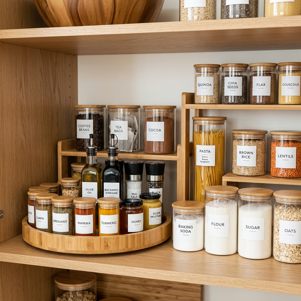 A beautifully styled pantry cabinet shelf featuring a bamboo lazy susan turntable and bamboo shelf risers