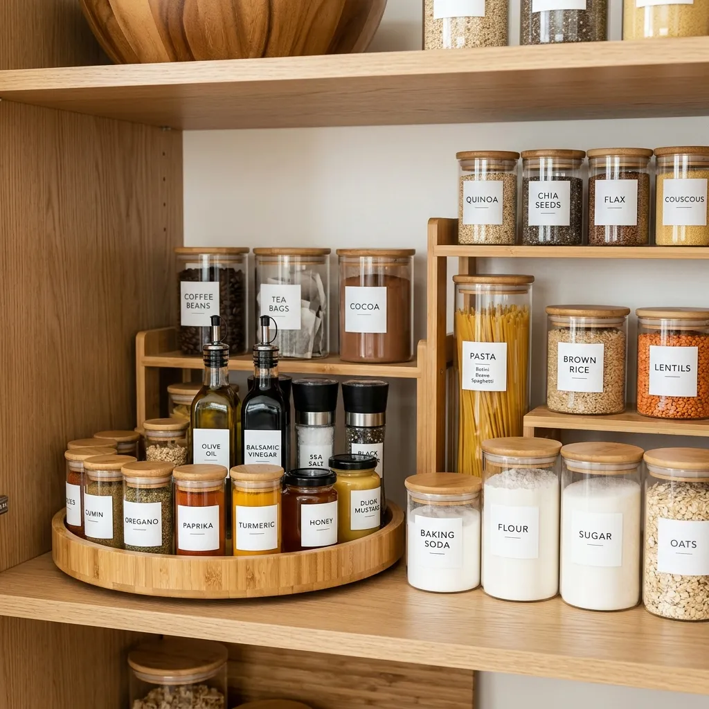 A beautifully styled pantry cabinet shelf featuring a bamboo lazy susan turntable and bamboo shelf risers