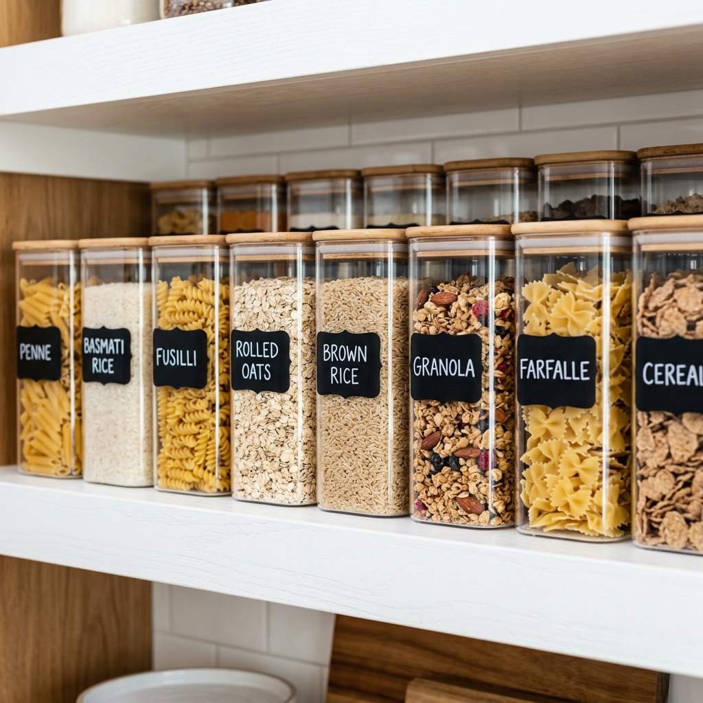 A close-up of a neatly organized pantry shelf featuring identical clear airtight food storage containers