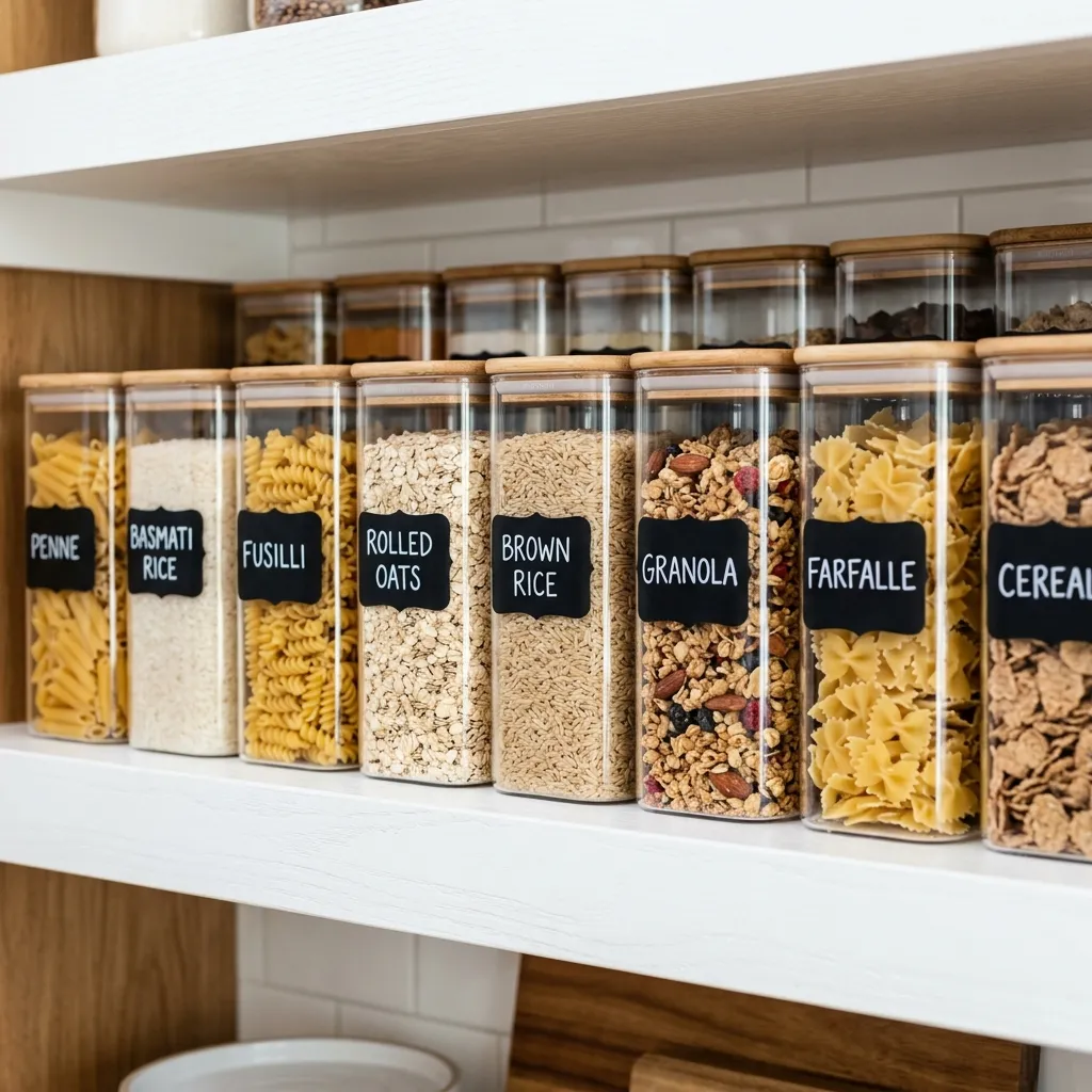 A close-up of a neatly organized pantry shelf featuring identical clear airtight food storage containers