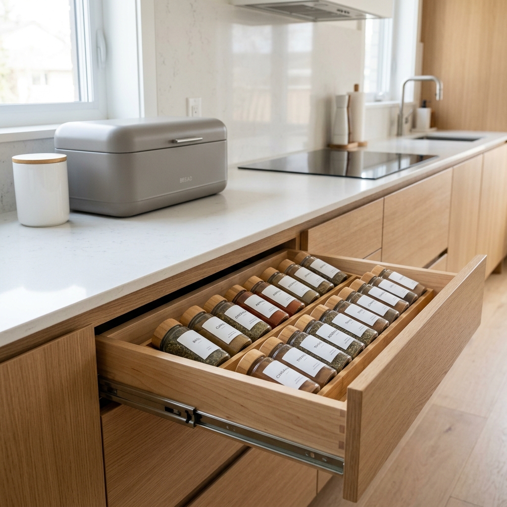A minimalist modern kitchen countertop featuring a sleek matte neutral bread box