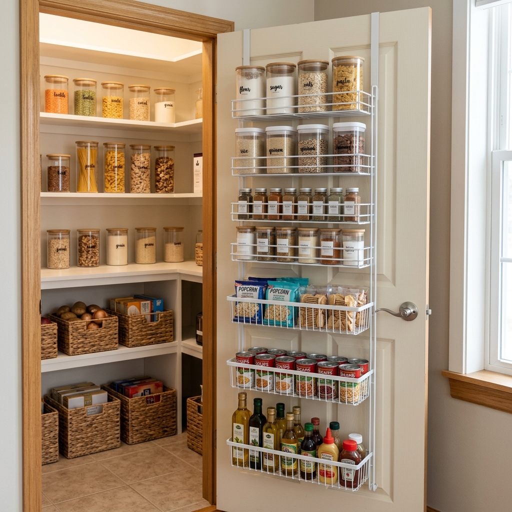 A smartly organized pantry door featuring an elegant over-the-door wire organizer rack