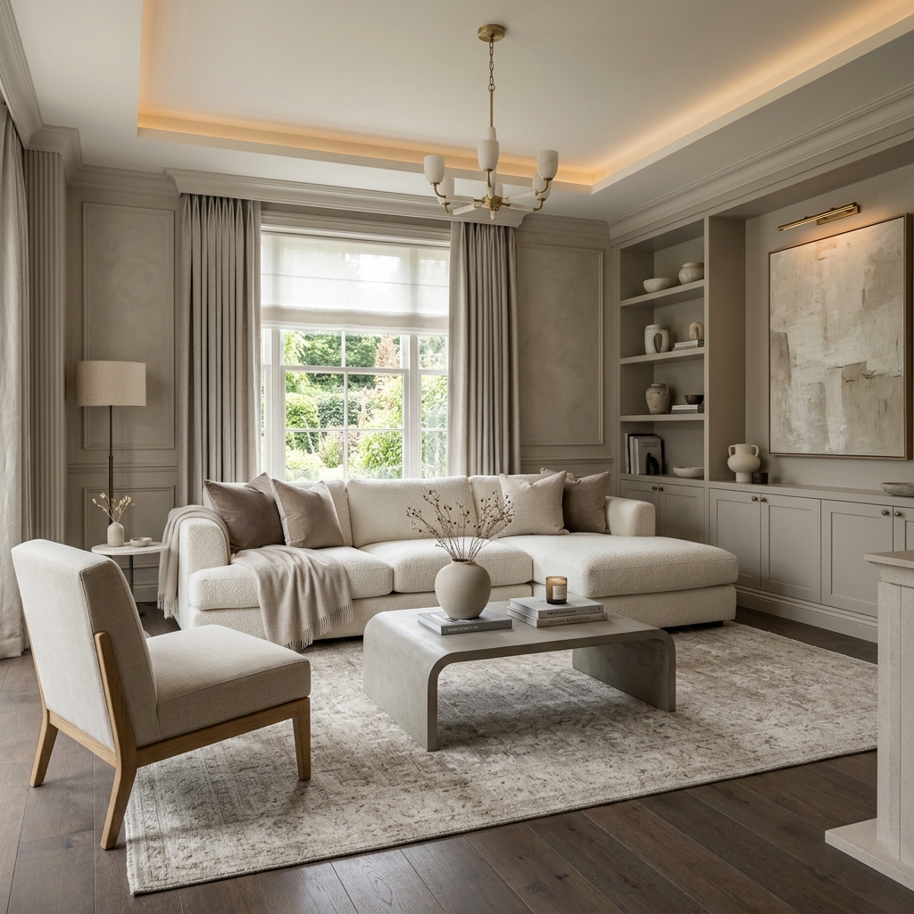 A beautiful living room showcasing a monochromatic, layered neutral color palette