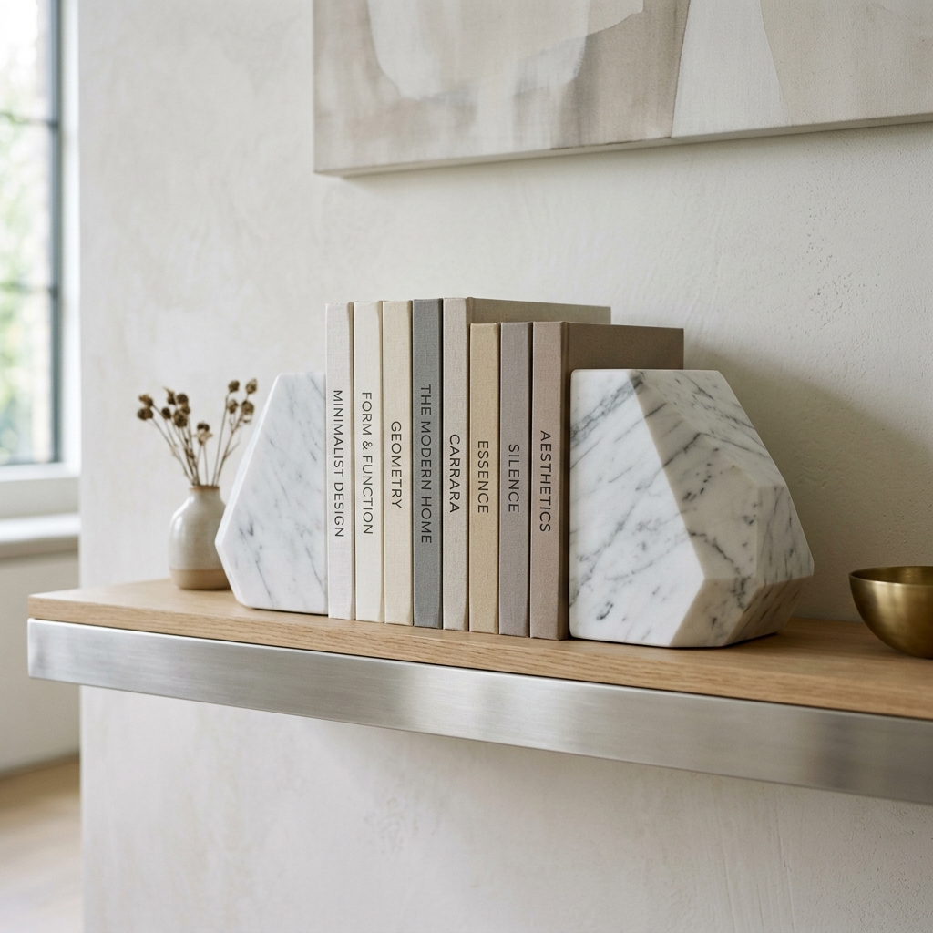 Heavy geometric white marble bookends holding up books