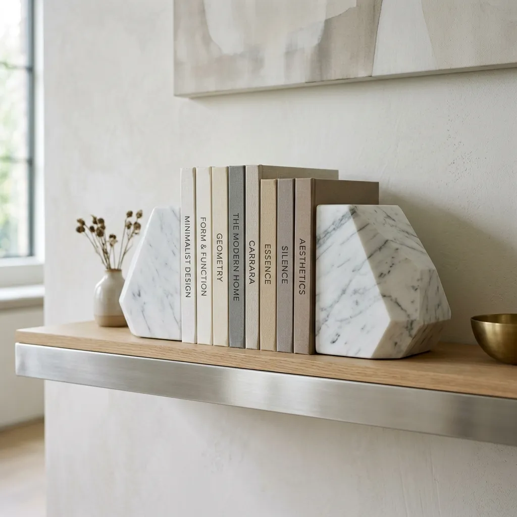 Heavy geometric white marble bookends holding up books