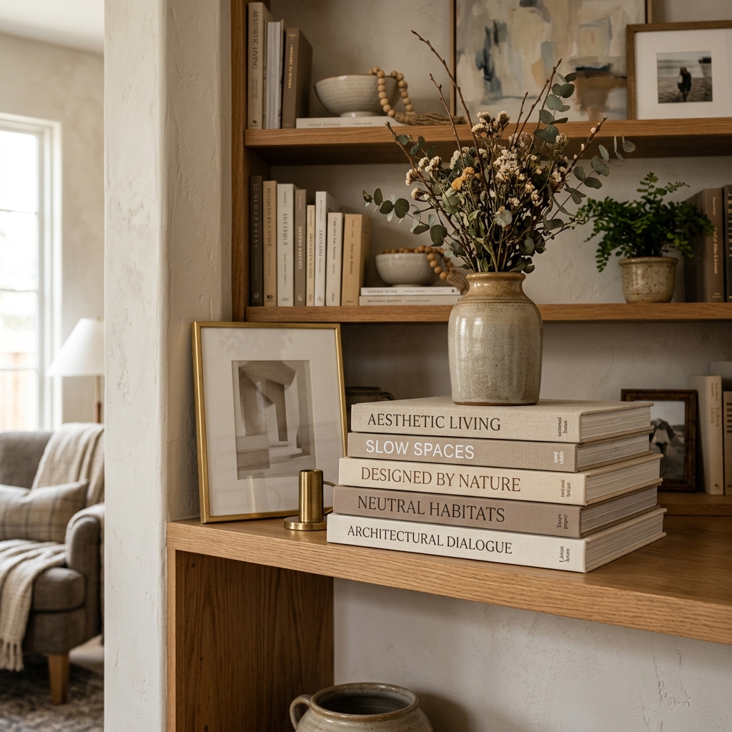 A neat horizontal stack of oversized neutral decorative books