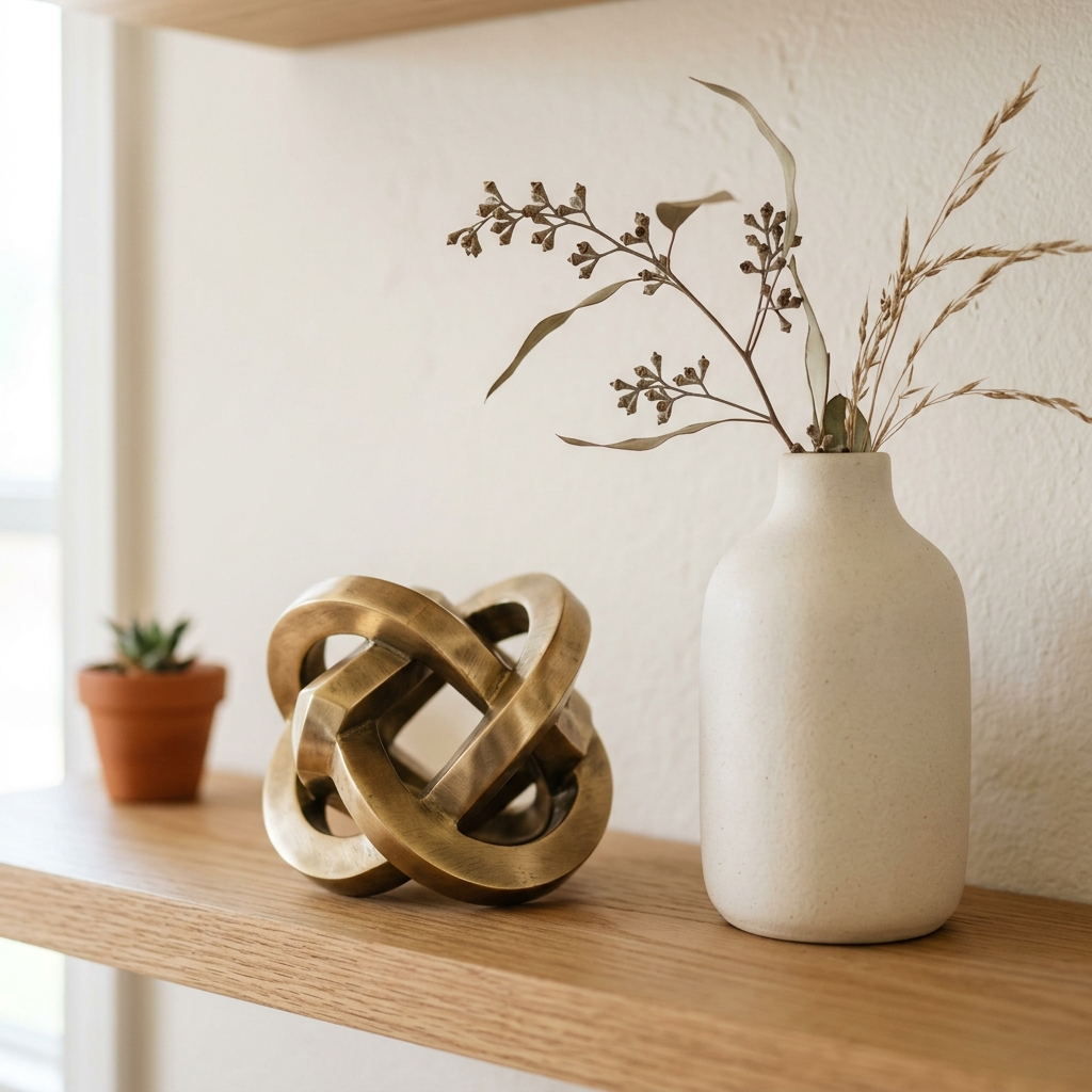 A small abstract geometric brass knot object sitting on a shelf