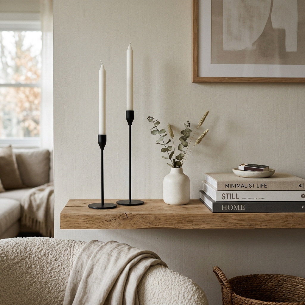 Minimalist thin black metal taper candle holders on a shelf