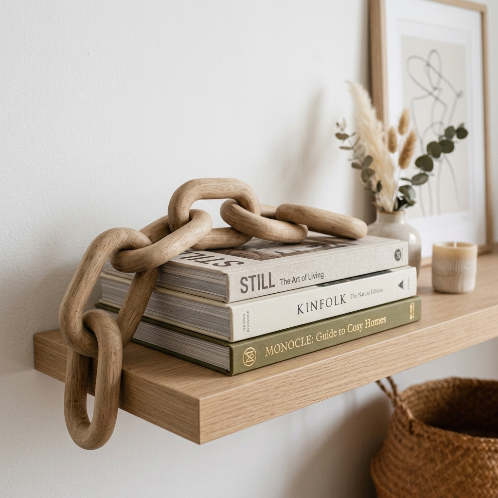 A chunky wooden decorative chain link draped elegantly over a stack of books