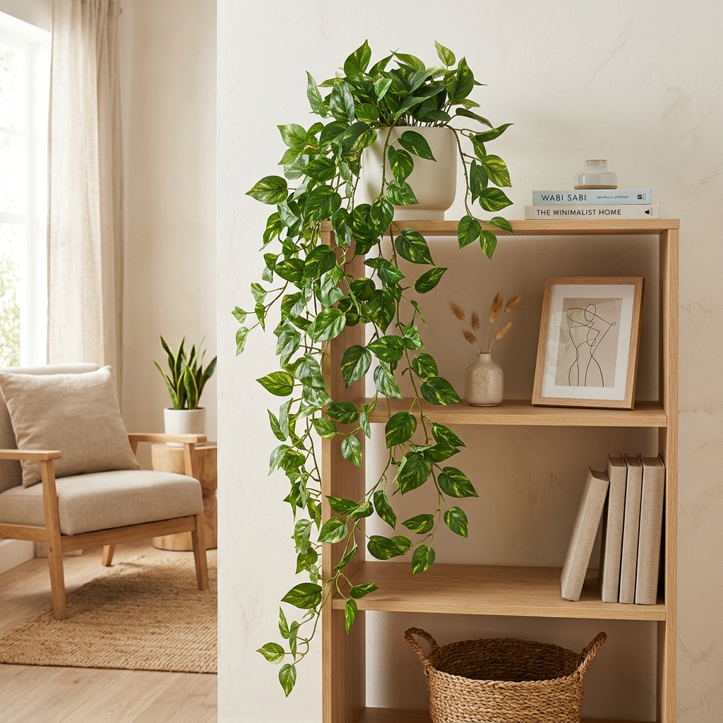 A realistic faux trailing pothos plant cascading down from the top shelf
