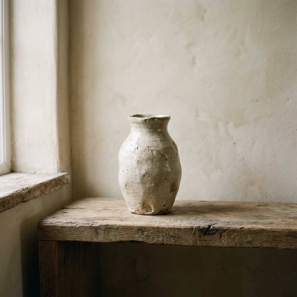 A neutral organic shaped ceramic vase sitting alone on a minimalist wooden shelf