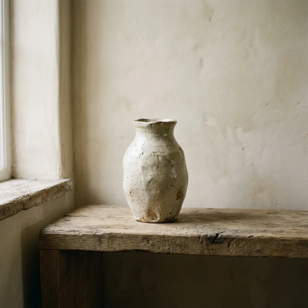 A neutral organic shaped ceramic vase sitting alone on a minimalist wooden shelf