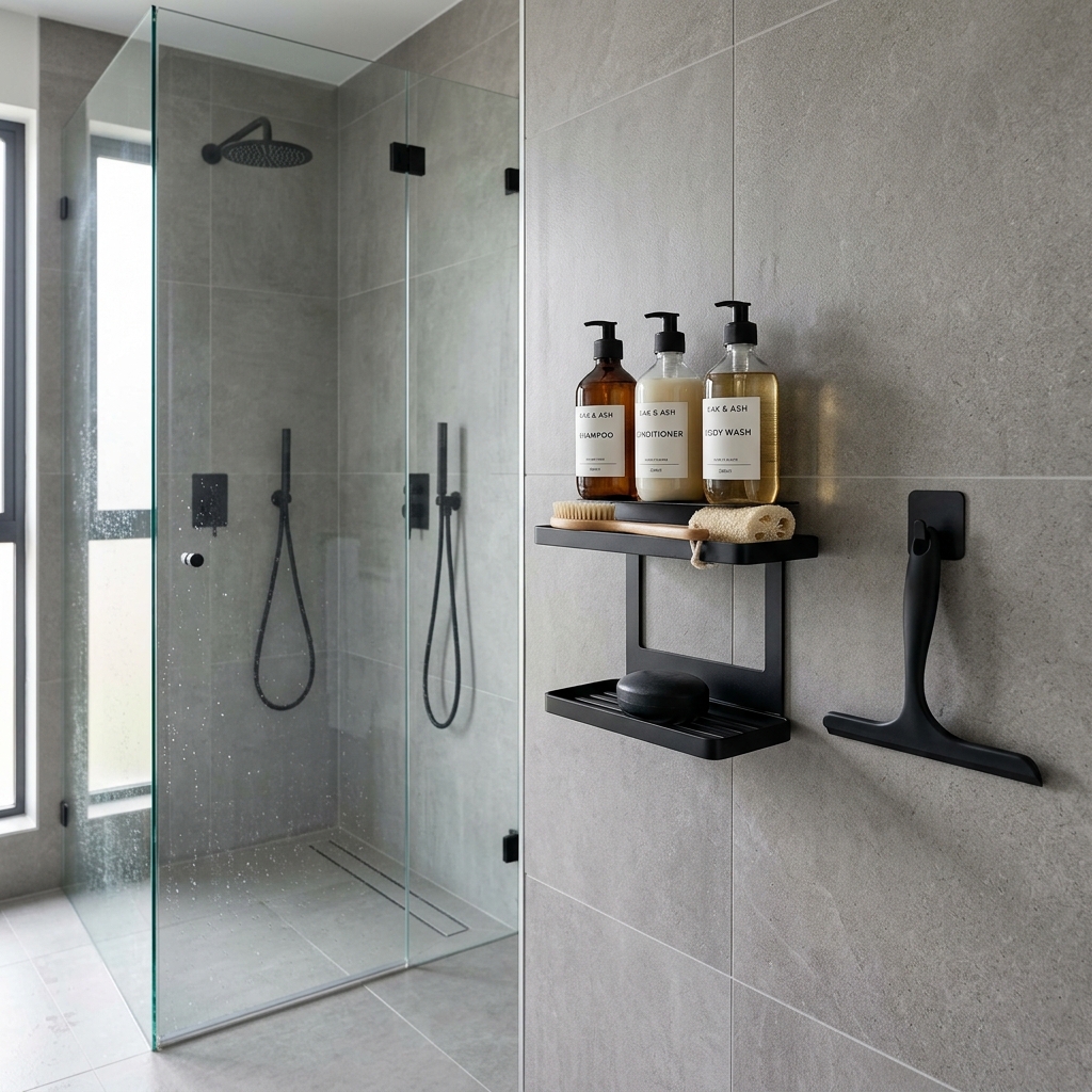 Luxurious glass shower with matte black adhesive caddy shelves and a silicone squeegee