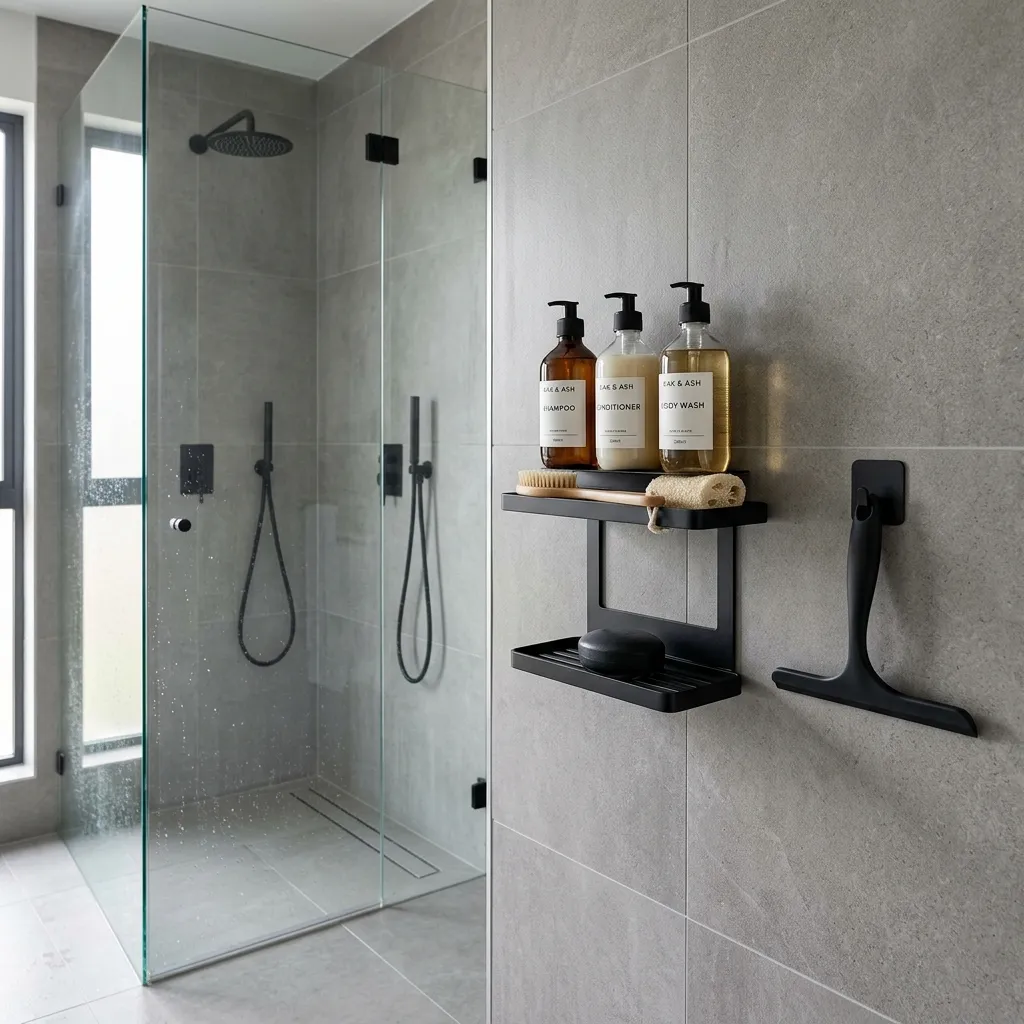 Luxurious glass shower with matte black adhesive caddy shelves and a silicone squeegee