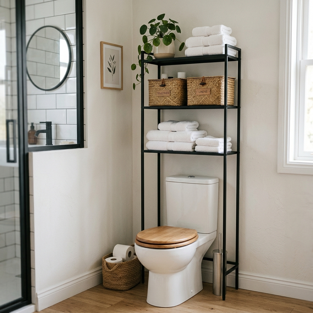A minimalist matte black over-the-toilet space saver shelf holding woven baskets