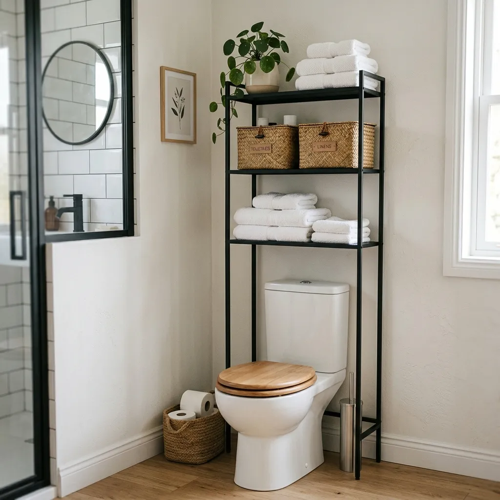 A minimalist matte black over-the-toilet space saver shelf holding woven baskets