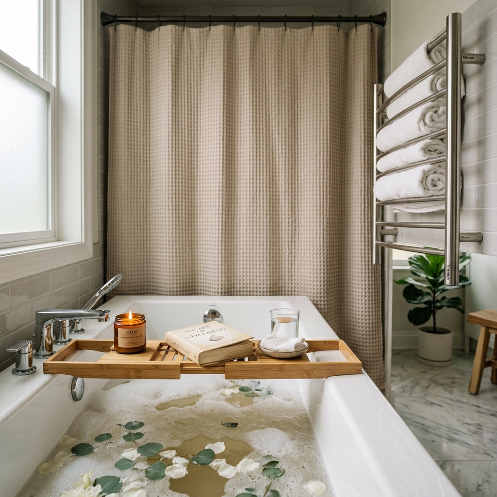 A bamboo bathtub caddy tray holding a candle, with a waffle weave shower curtain in the background