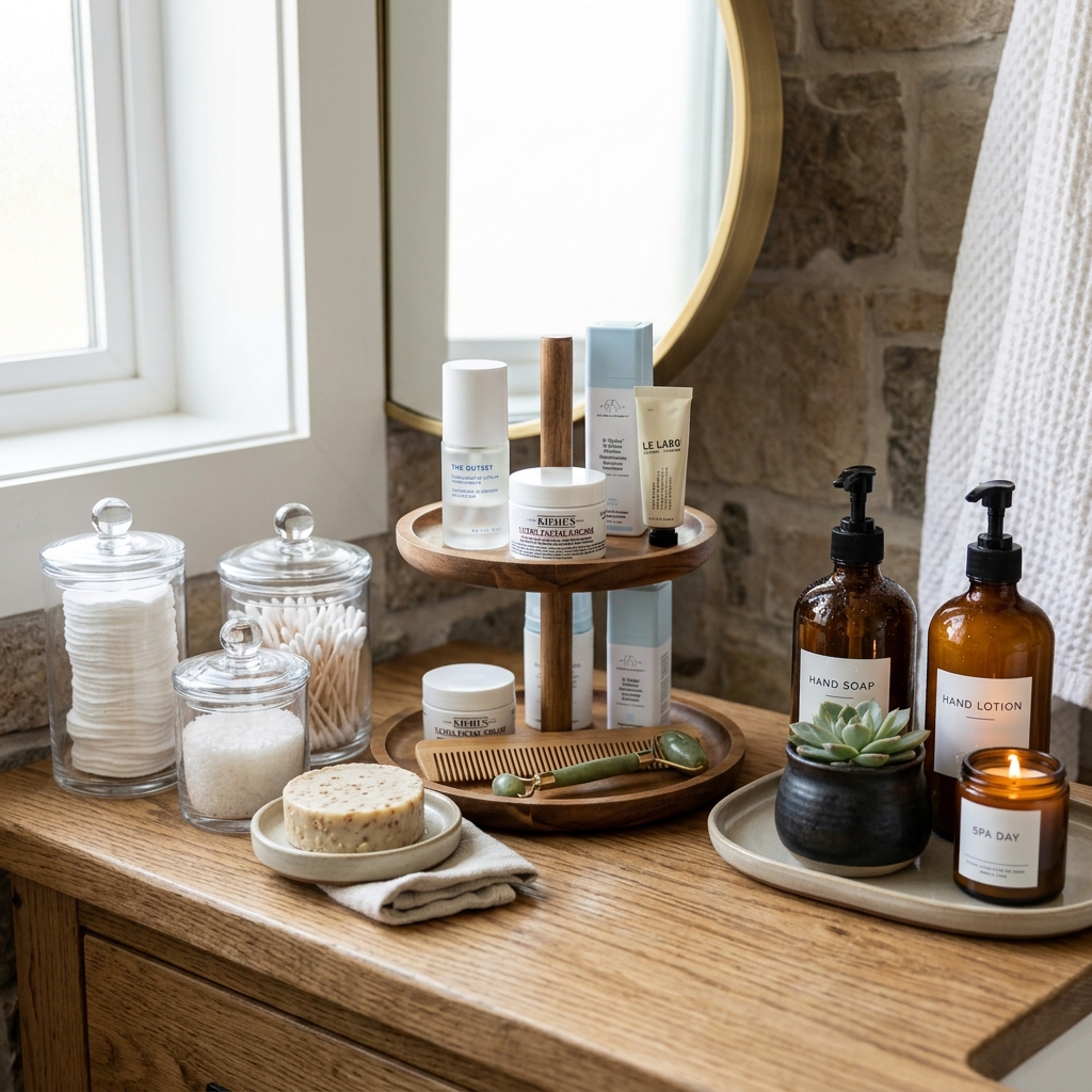 A beautifully organized wooden bathroom vanity with apothecary jars and amber bottles