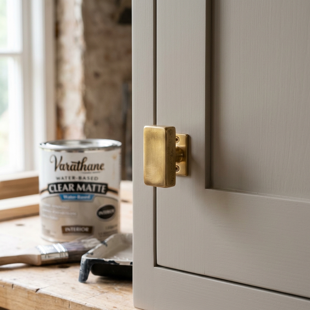 A close-up of a freshly painted matte neutral cabinet door featuring a stunning modern solid brass knob