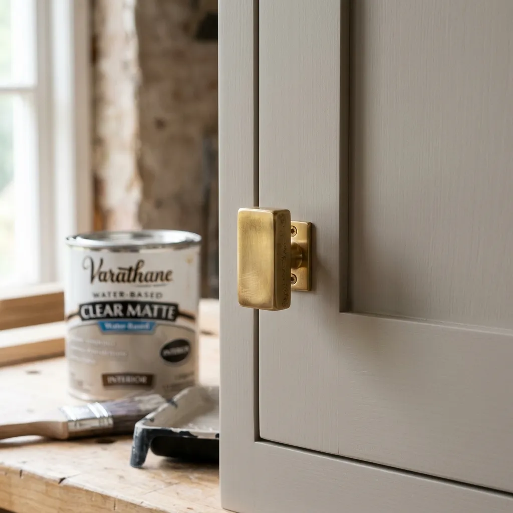 A close-up of a freshly painted matte neutral cabinet door featuring a stunning modern solid brass knob