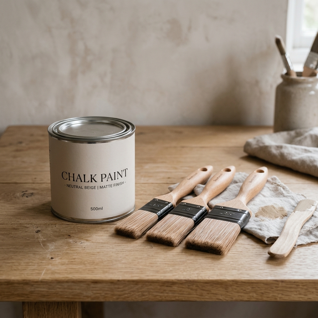 A tin of neutral beige matte chalk paint next to high-quality synthetic bristle paint brushes