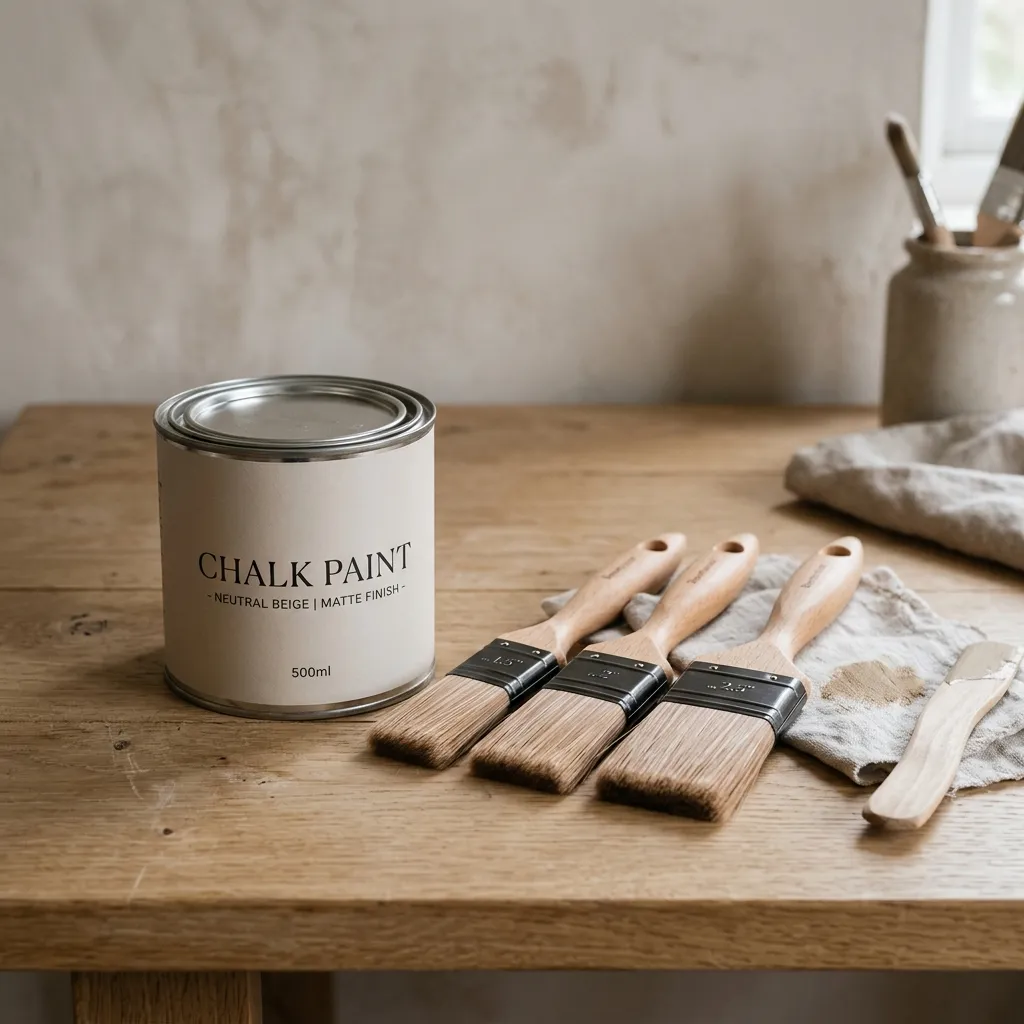 A tin of neutral beige matte chalk paint next to high-quality synthetic bristle paint brushes