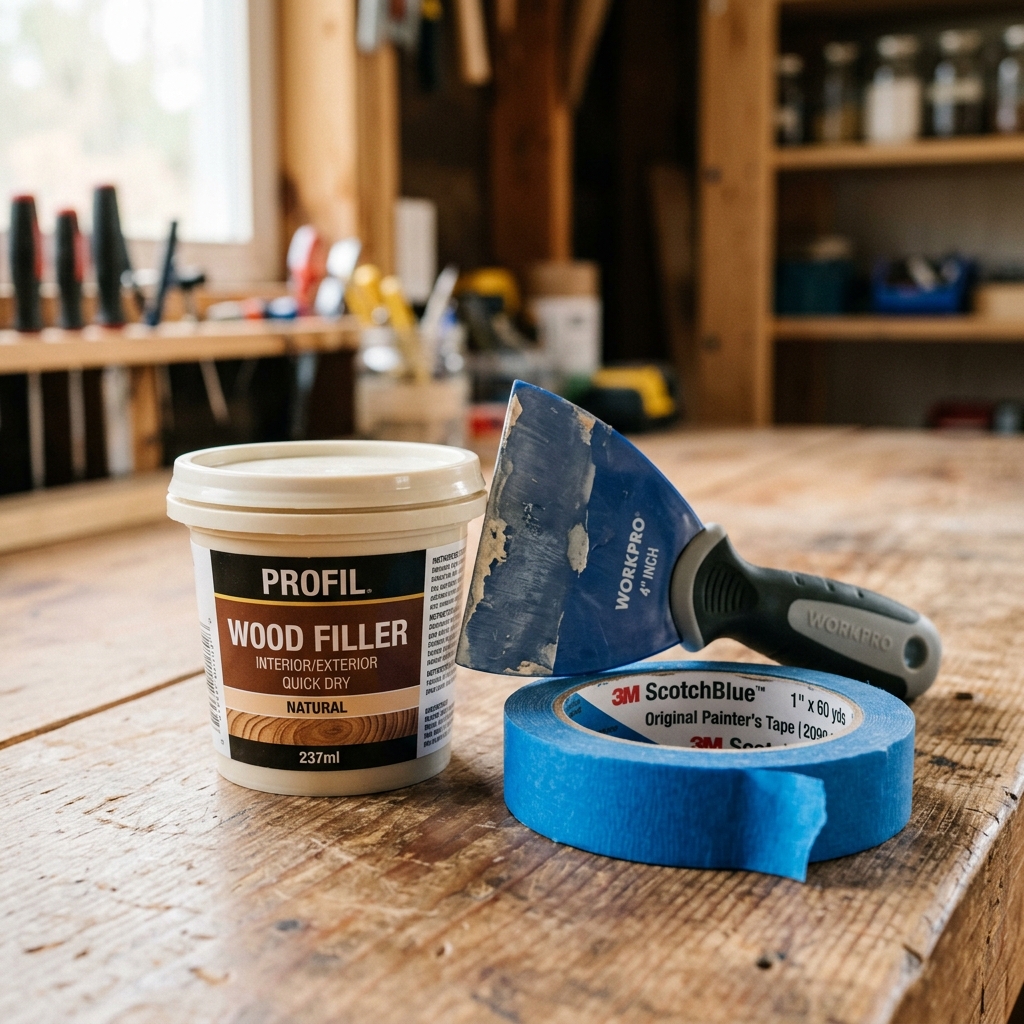 DIY prep materials on a table including wood filler, putty knife, and blue tape