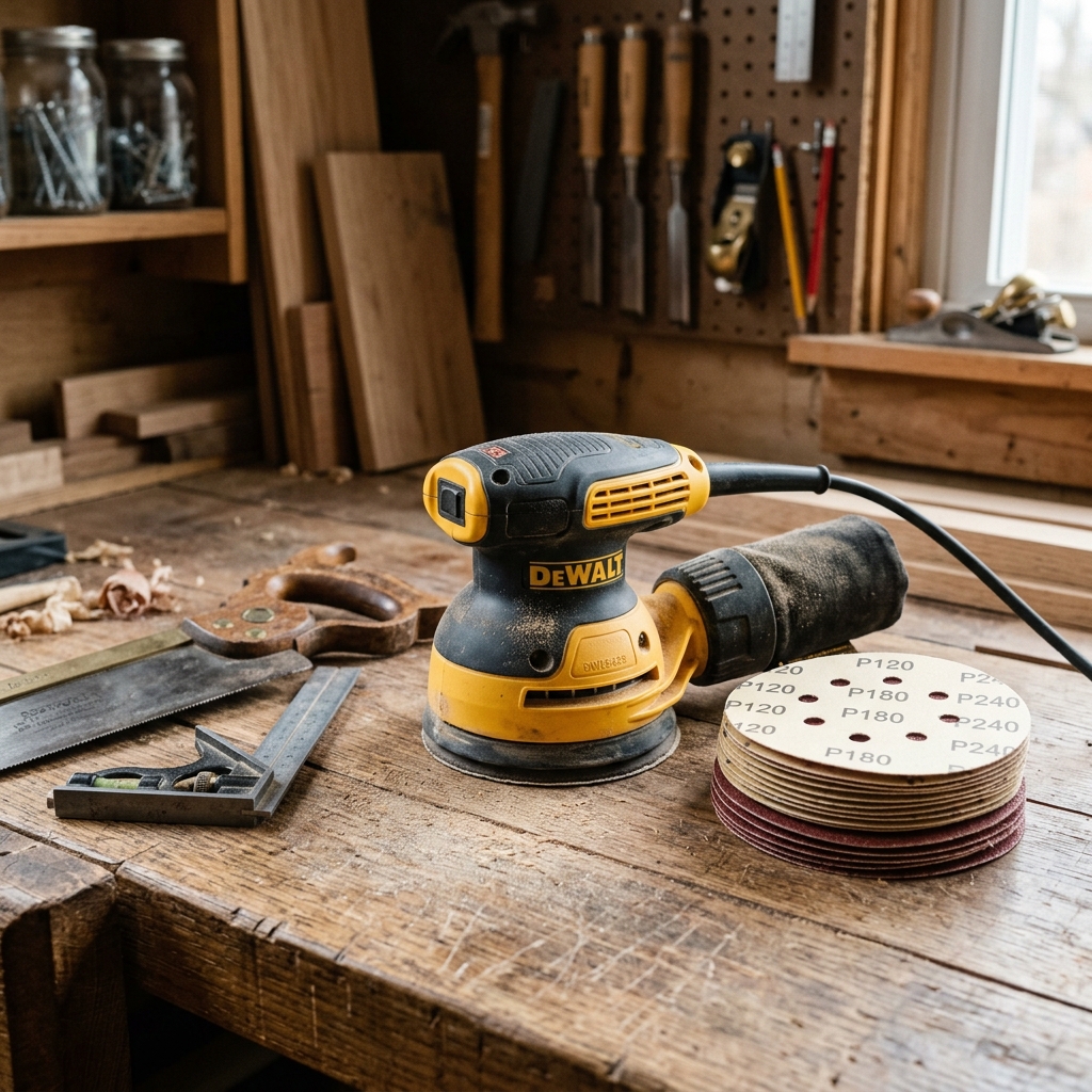 Woodworking tools on a wooden table including an orbital sander and sandpaper discs