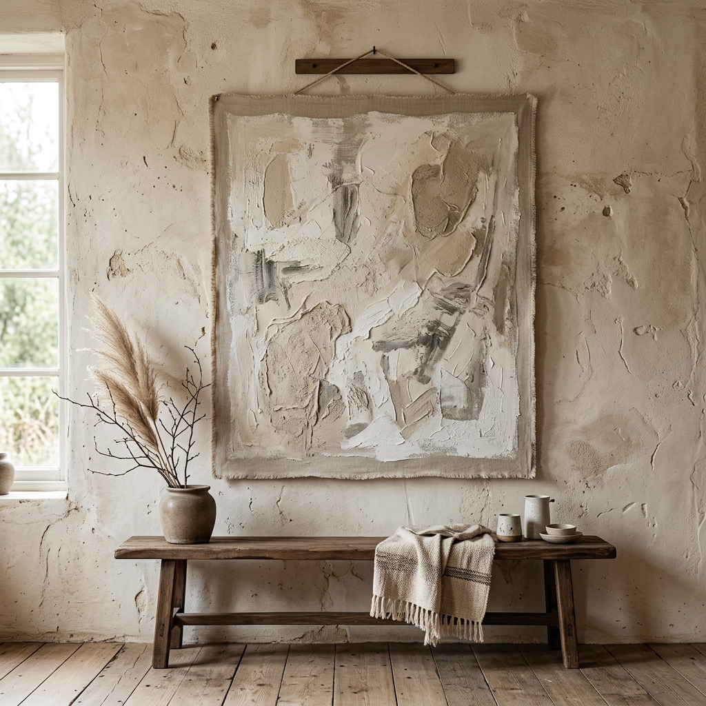 A large piece of neutral textured abstract canvas art