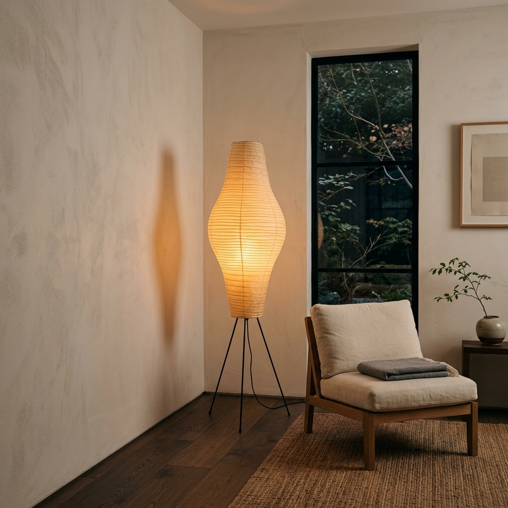 A tall Japanese rice paper lantern floor lamp