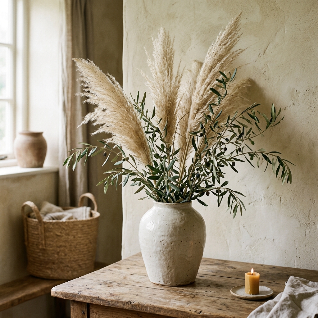 Tall dried pampas grass arranged in a vase