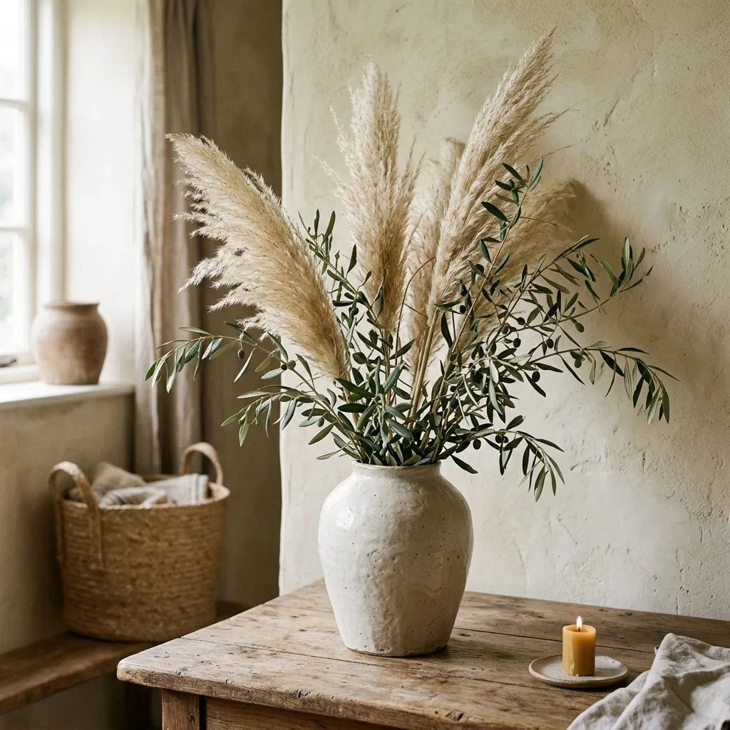 Tall dried pampas grass arranged in a vase