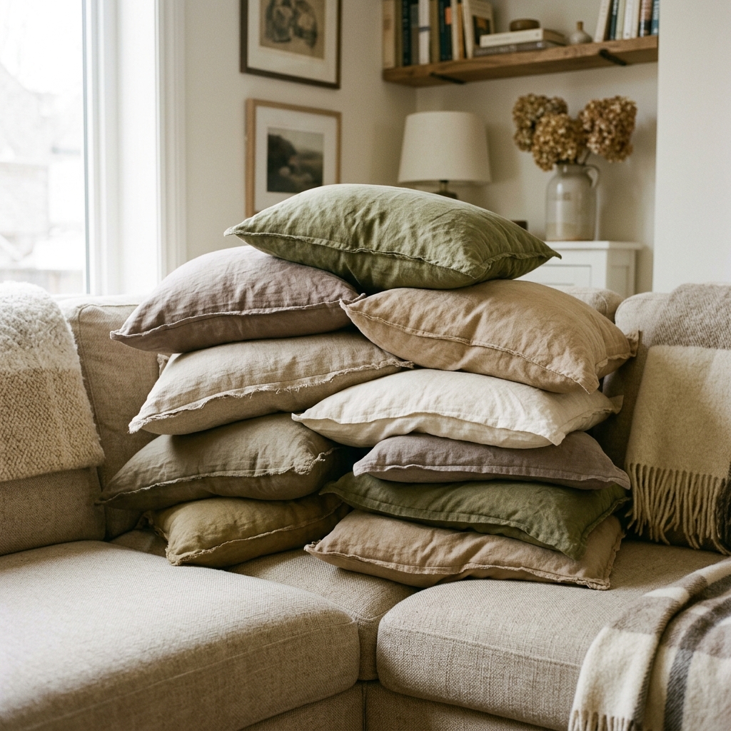 A messy stack of washed linen throw pillows in muted neutral tones