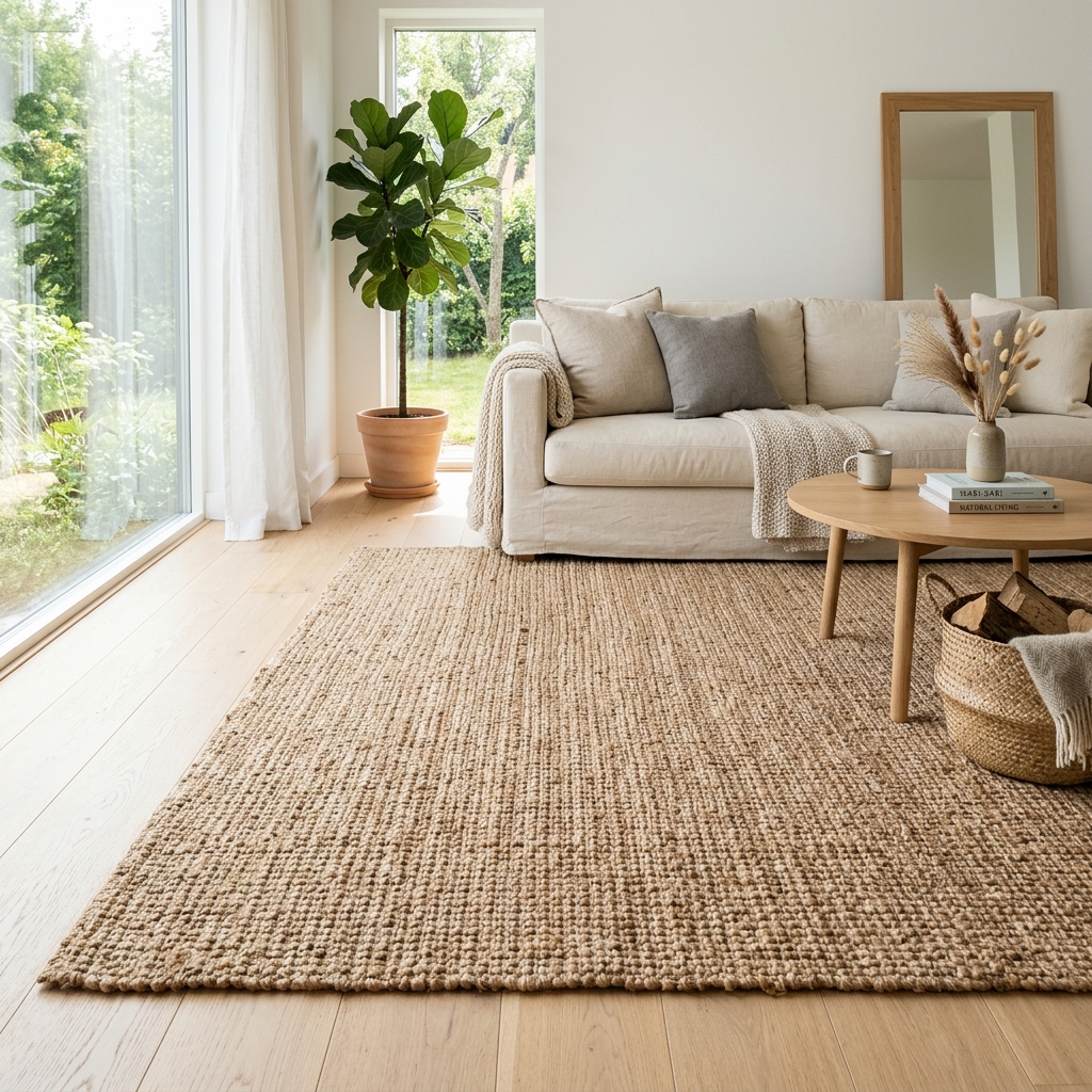A large natural jute sisal area rug on a light wood floor
