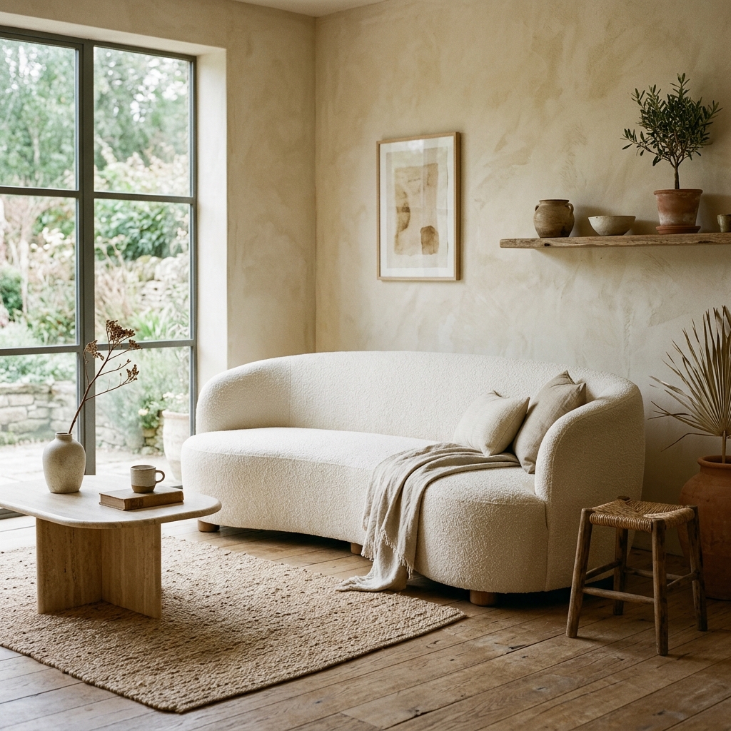 A low-profile curved boucle sofa in soft cream color