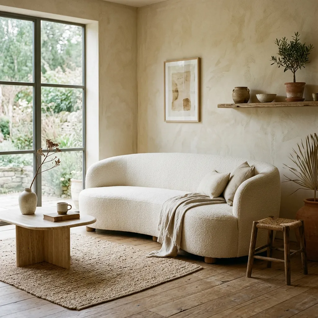 A low-profile curved boucle sofa in soft cream color