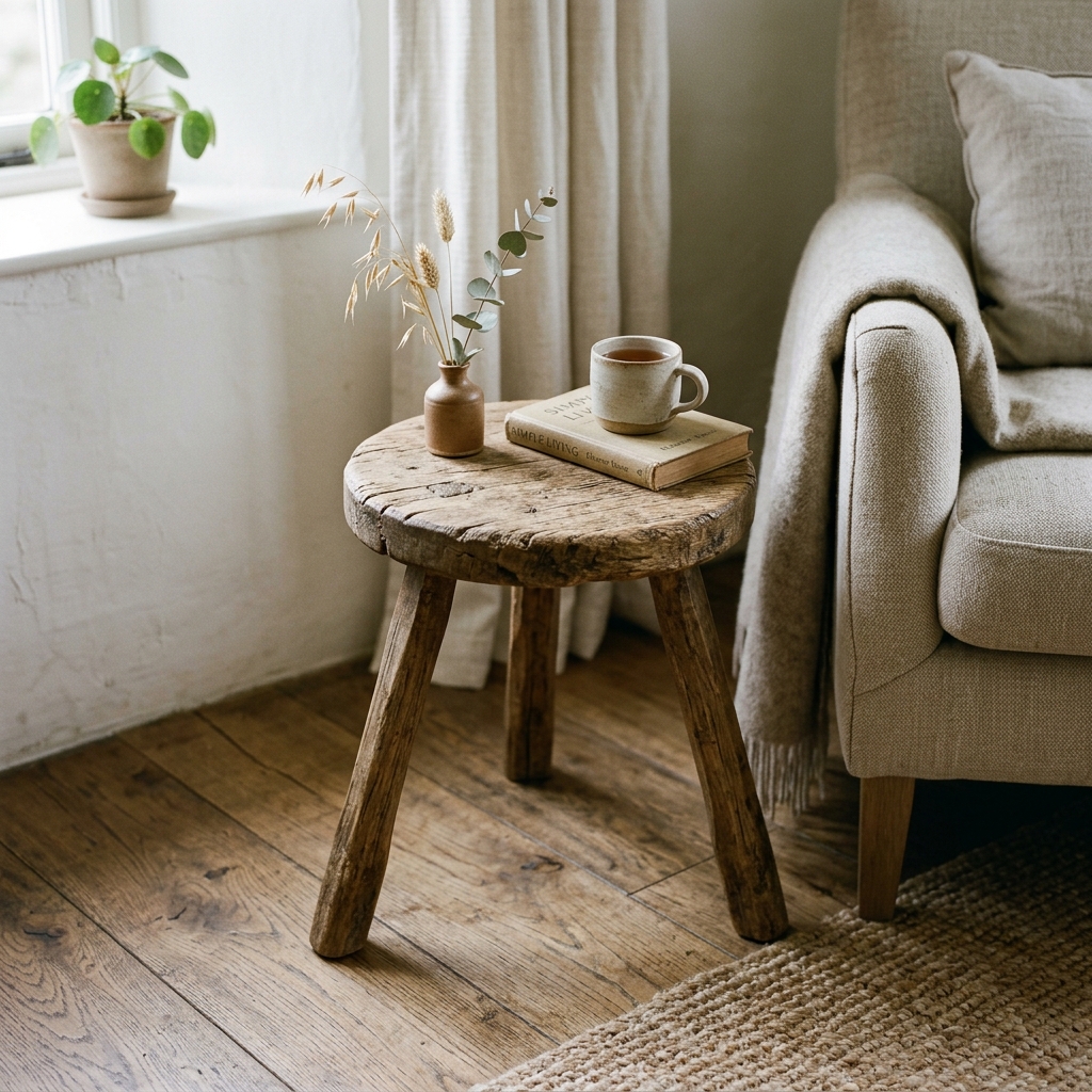 A rustic weathered wooden milking stool used as a side table