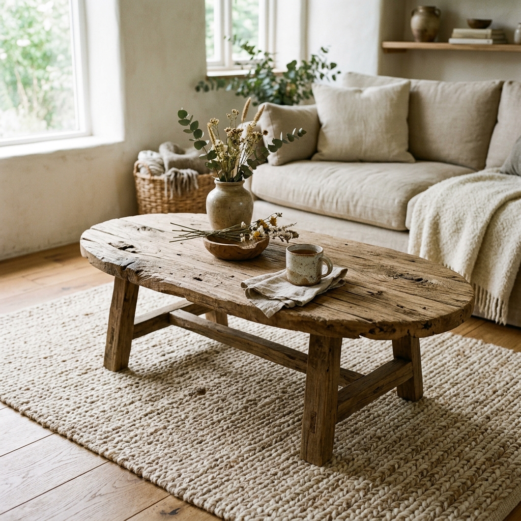 A reclaimed raw wood oval coffee table with visible grain
