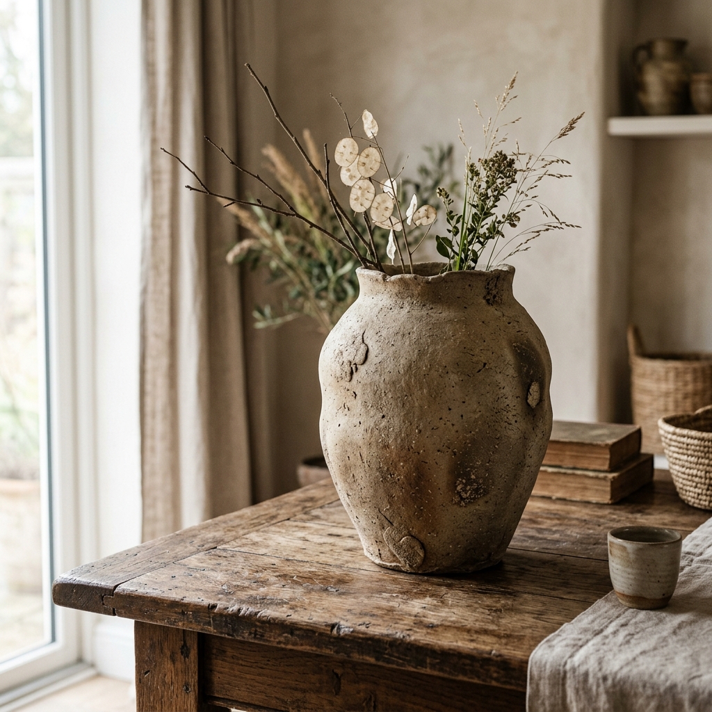 A large unglazed matte ceramic wabi sabi vase