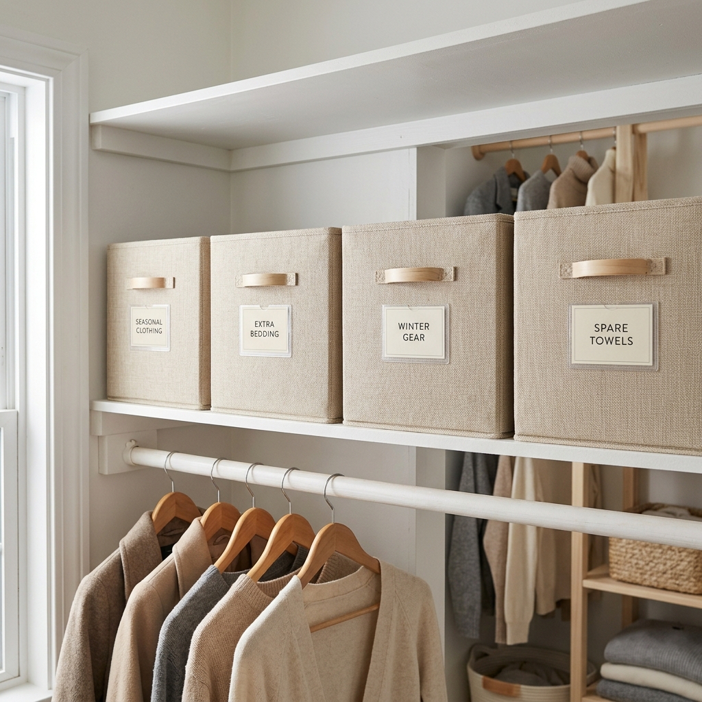 Neutral beige fabric storage bins with clean aesthetic labels