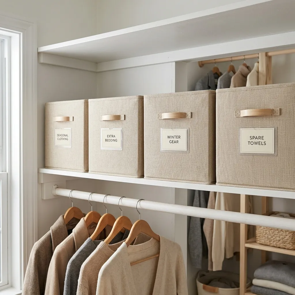 Neutral beige fabric storage bins with clean aesthetic labels