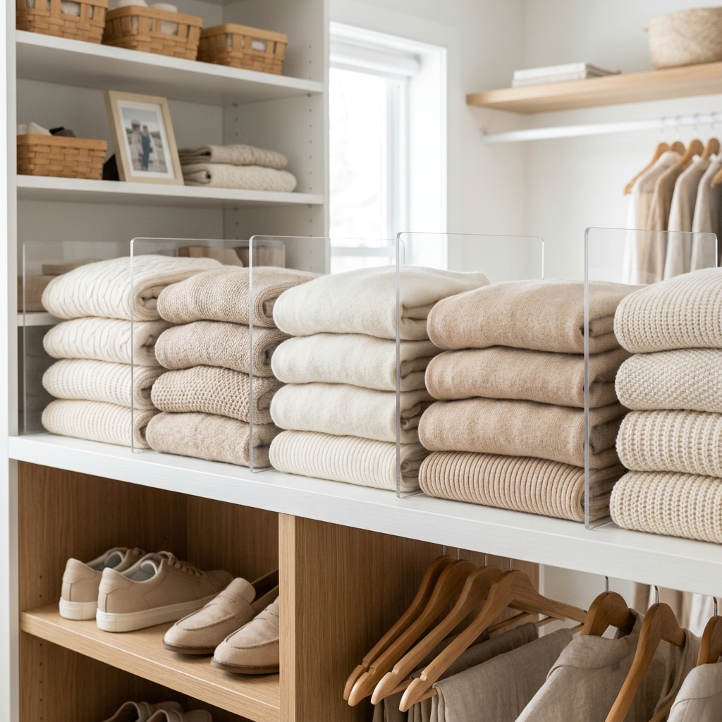 Clear acrylic shelf dividers neatly separating stacks of folded sweaters