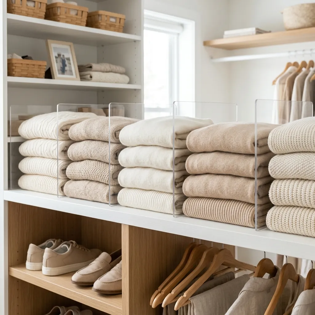 Clear acrylic shelf dividers neatly separating stacks of folded sweaters
