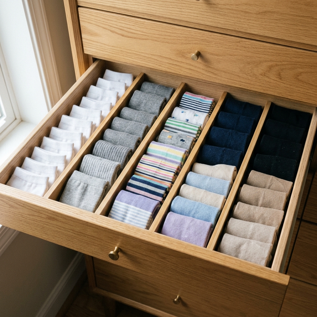 An open wooden dresser drawer perfectly organized with bamboo dividers
