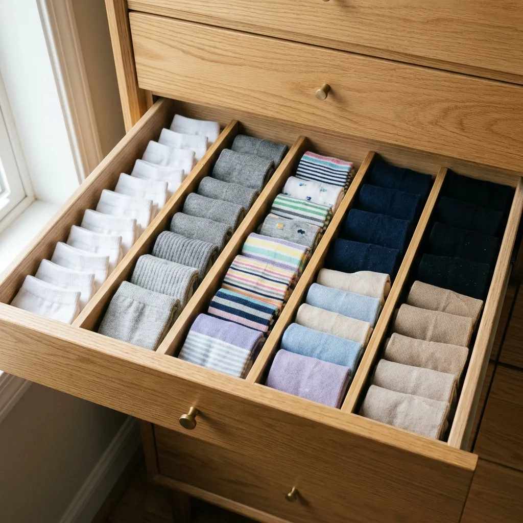 An open wooden dresser drawer perfectly organized with bamboo dividers