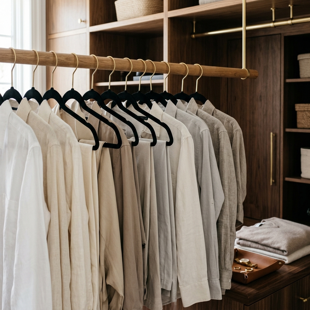 A row of sleek matching black velvet hangers holding neutral toned shirts