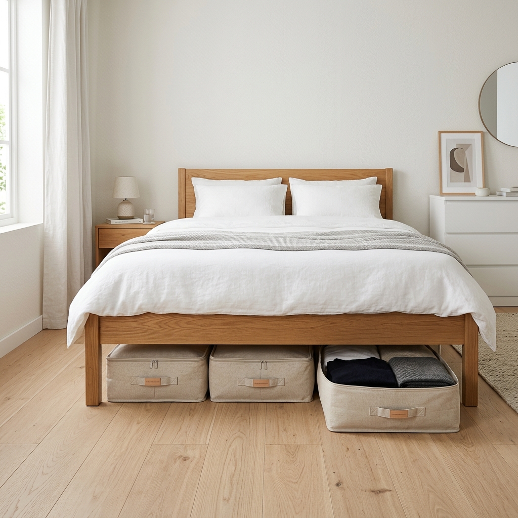 Low profile neutral fabric storage bags sliding under a bed