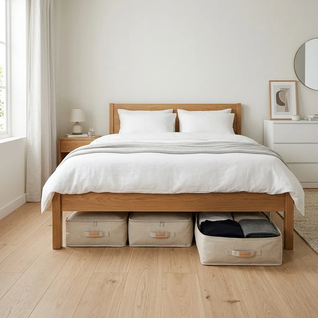 Low profile neutral fabric storage bags sliding under a bed