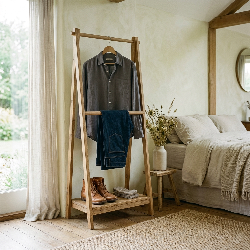A stylish minimalist wooden valet stand holding a curated outfit