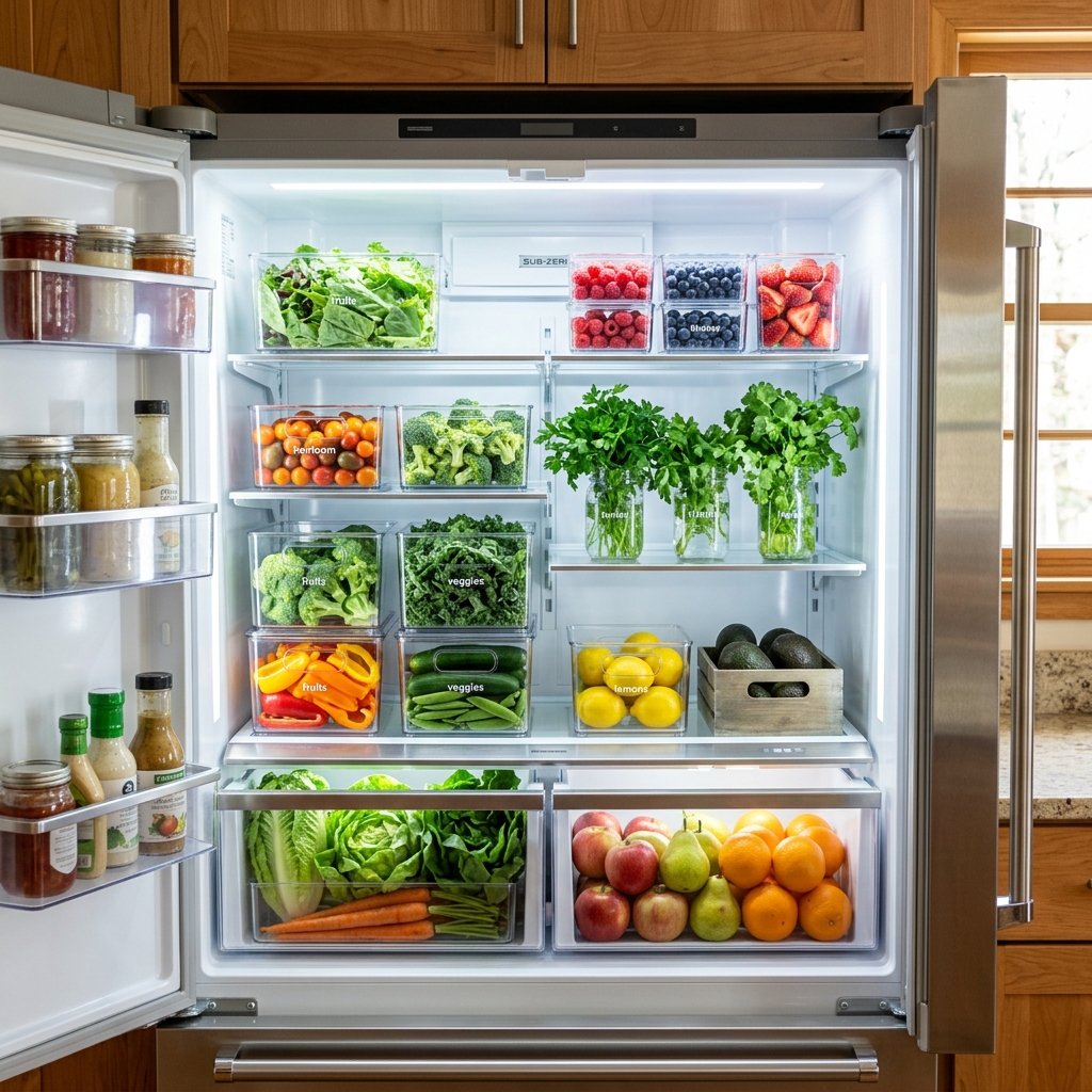 Clear plastic refrigerator bins filled with fresh produce